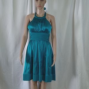 Cache' peacock blue 100% silk short halter dress size 2